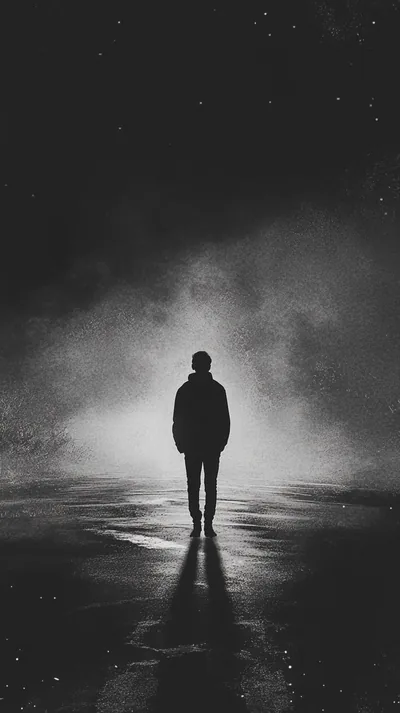 A small figure walks away across wet ground into a bank of fog, the monochrome frame darkening to near-black at every corner.
