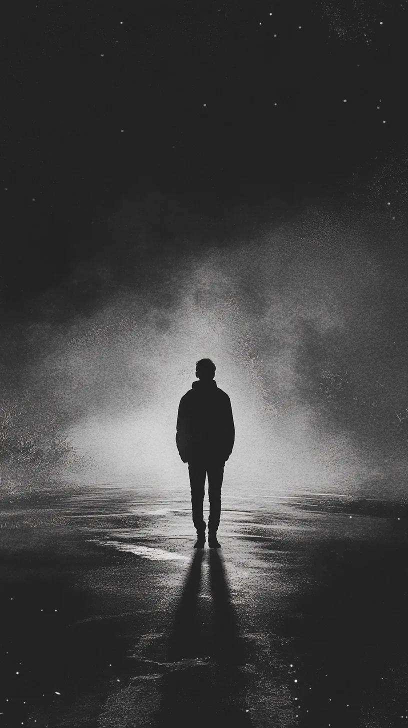 A small figure walks away across wet ground into a bank of fog, the monochrome frame darkening to near-black at every corner.