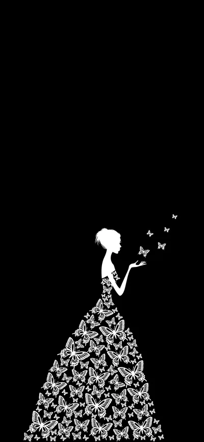 A white silhouette of a girl whose gown breaks apart into butterflies, a few of them lifting from her hand toward the right edge.