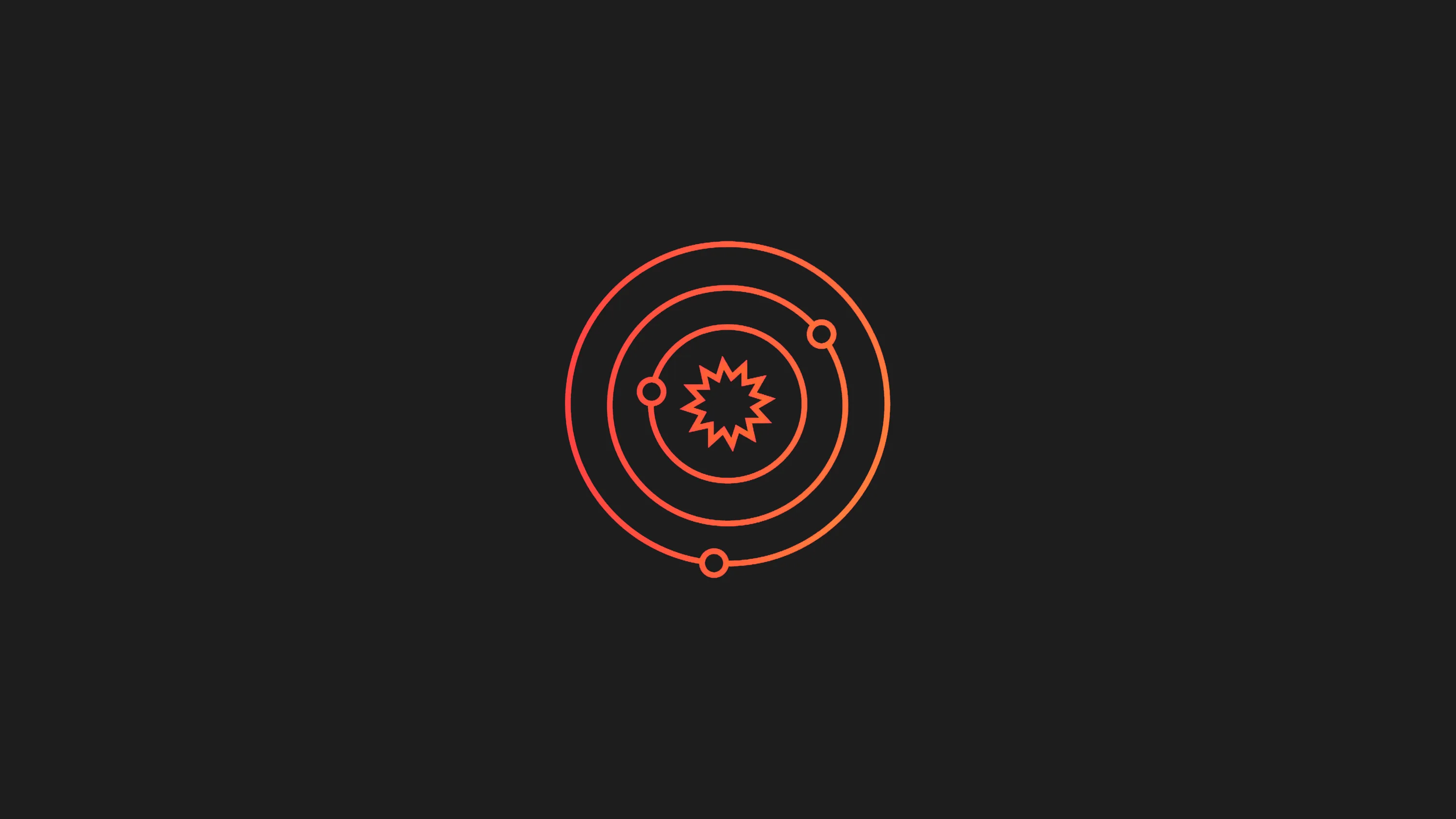 Concentric orbit rings circle a spiked red sun, two small planets sitting on the paths, drawn in thin strokes on charcoal.