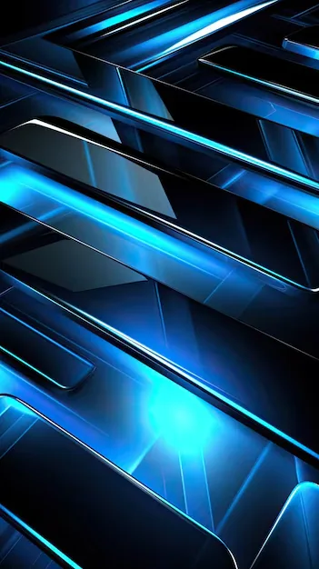 Angled slabs of polished black metal stack up the frame with electric blue light burning in the gaps between them.