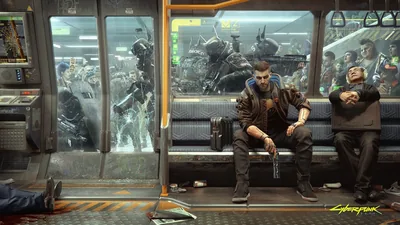 V slumps in a graffiti-tagged metro seat with pistol drawn while masked riders pack the platform outside, the dim ceiling keeping the top edge dark for status bars.
