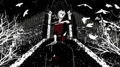 A figure sits at the top of a wide stone stairway, white ink splashes and crows filling the black frame on both sides.