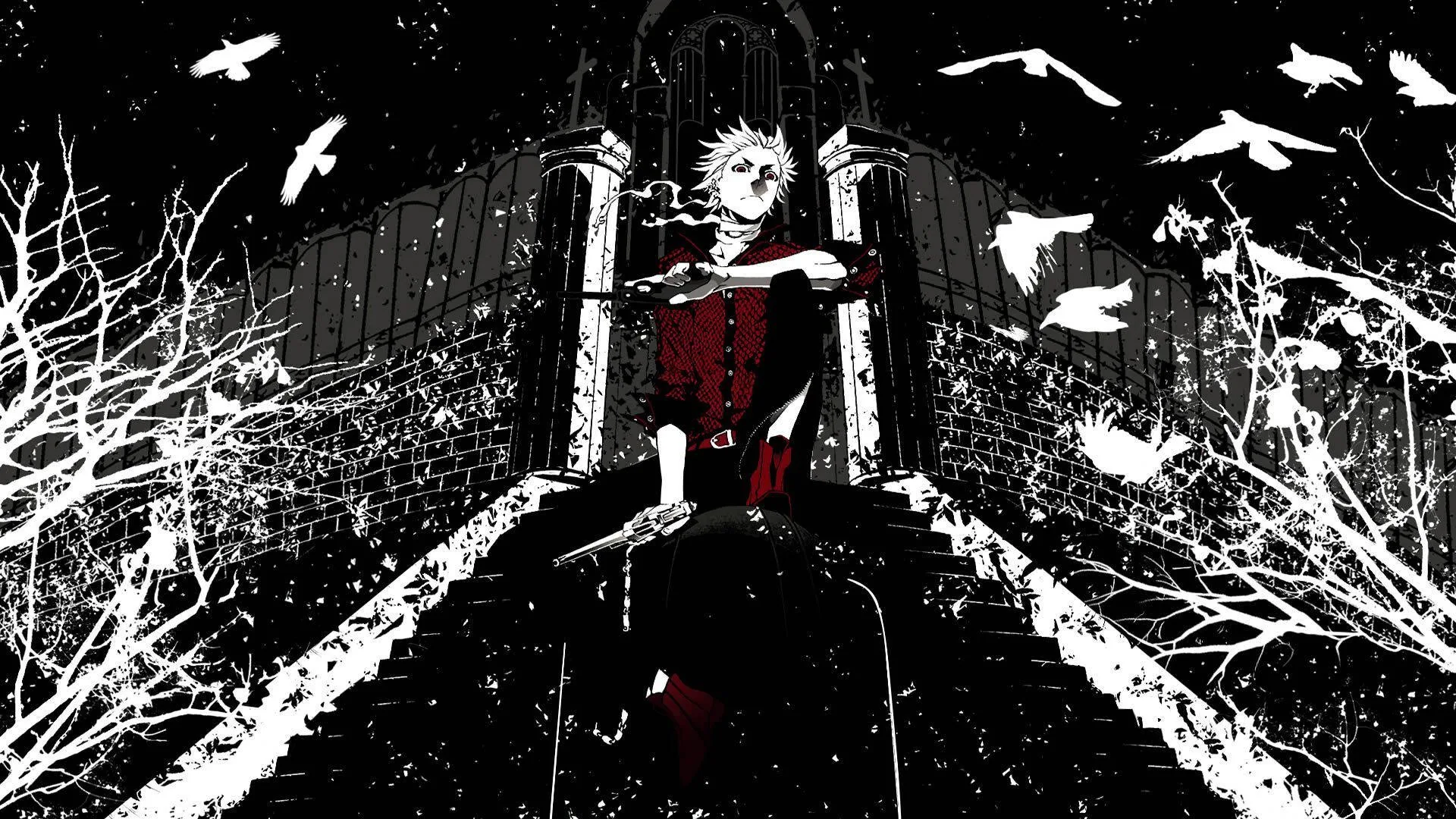 A figure sits at the top of a wide stone stairway, white ink splashes and crows filling the black frame on both sides.