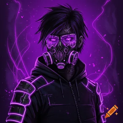 Digital art of a hooded boy in a respirator and cracked goggles, purple smoke curling around him on a near-black square.