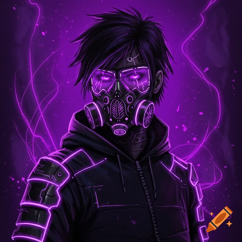 Digital art of a hooded boy in a respirator and cracked goggles, purple smoke curling around him on a near-black square.