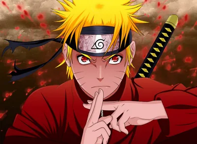 Naruto raises one finger in a half-seal, toad-sage eyes red and a yellow-wrapped katana over his shoulder, red petals drifting through the dark behind him.