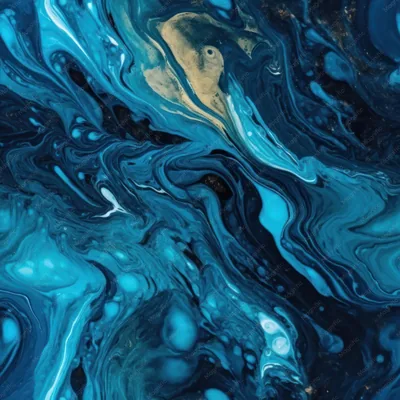 Cells and swirls of cerulean and teal paint fill the square frame, a lone sandy gold blob floating just above the centre.