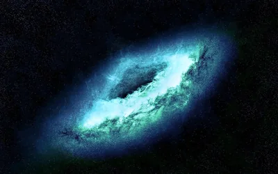 This galaxy glows teal around a dark, dust-filled centre, its brightest edge along the lower rim, floating alone in speckled black space.