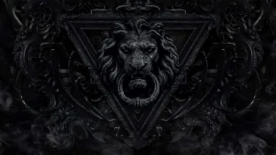 A lion-head knocker inside a carved triangle and heavy baroque scrollwork, everything rendered in smoky monochrome relief.