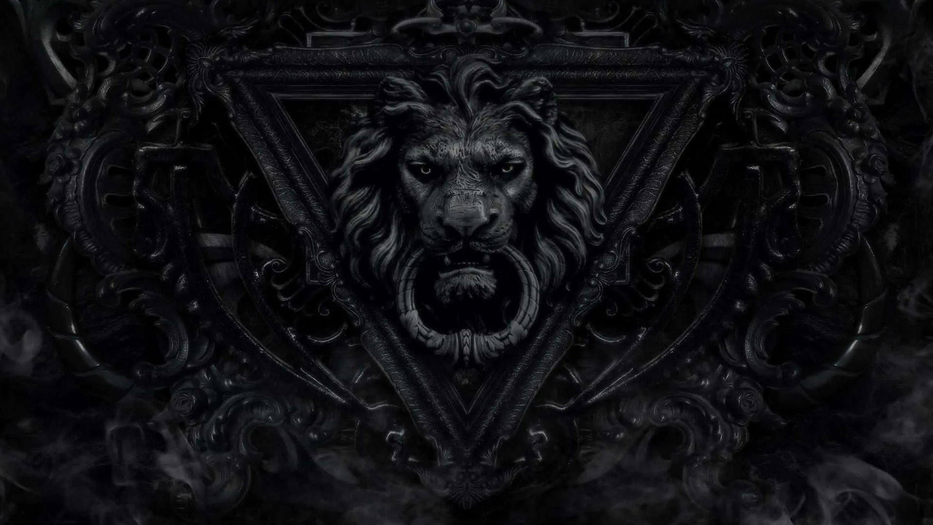 A lion-head knocker inside a carved triangle and heavy baroque scrollwork, everything rendered in smoky monochrome relief.