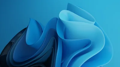 Layered ribbon petals unfurl just right of centre against a smooth azure gradient, their shadowed navy underside curling away toward the lower left.