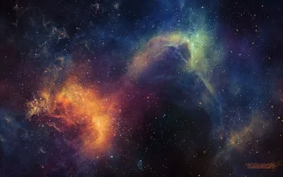 Ember-orange nebula clouds burn on the left while a teal plume rises on the right, the space between them dark enough for desktop icons.