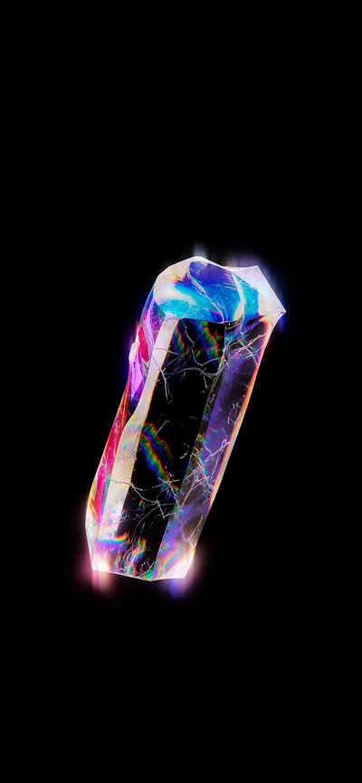 A faceted crystal glows pink, blue and gold at the centre of a true black phone frame, leaving the top quarter empty for the clock.