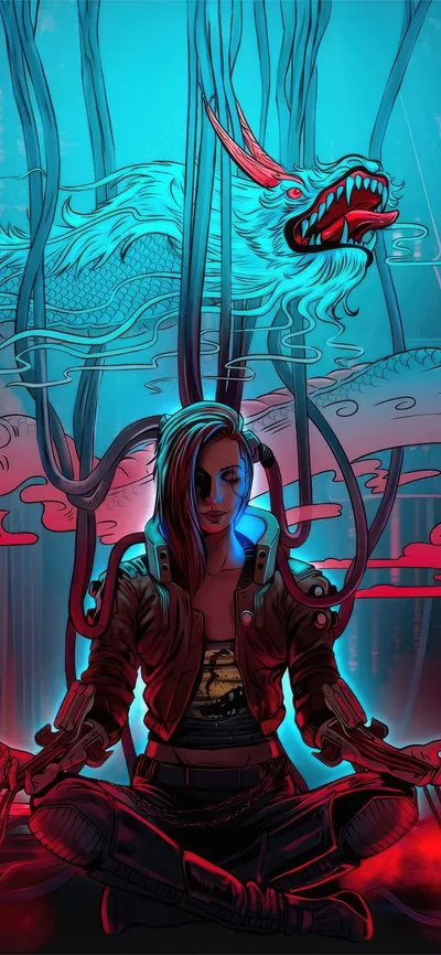 A woman sits cross-legged in red haze as an inked dragon rears overhead, her face lit blue from below, a tall crop made for phone lock screens.