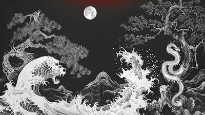 A white dragon coils down the right side toward crashing waves and pines, the full moon sitting top centre beneath a thin band of red.