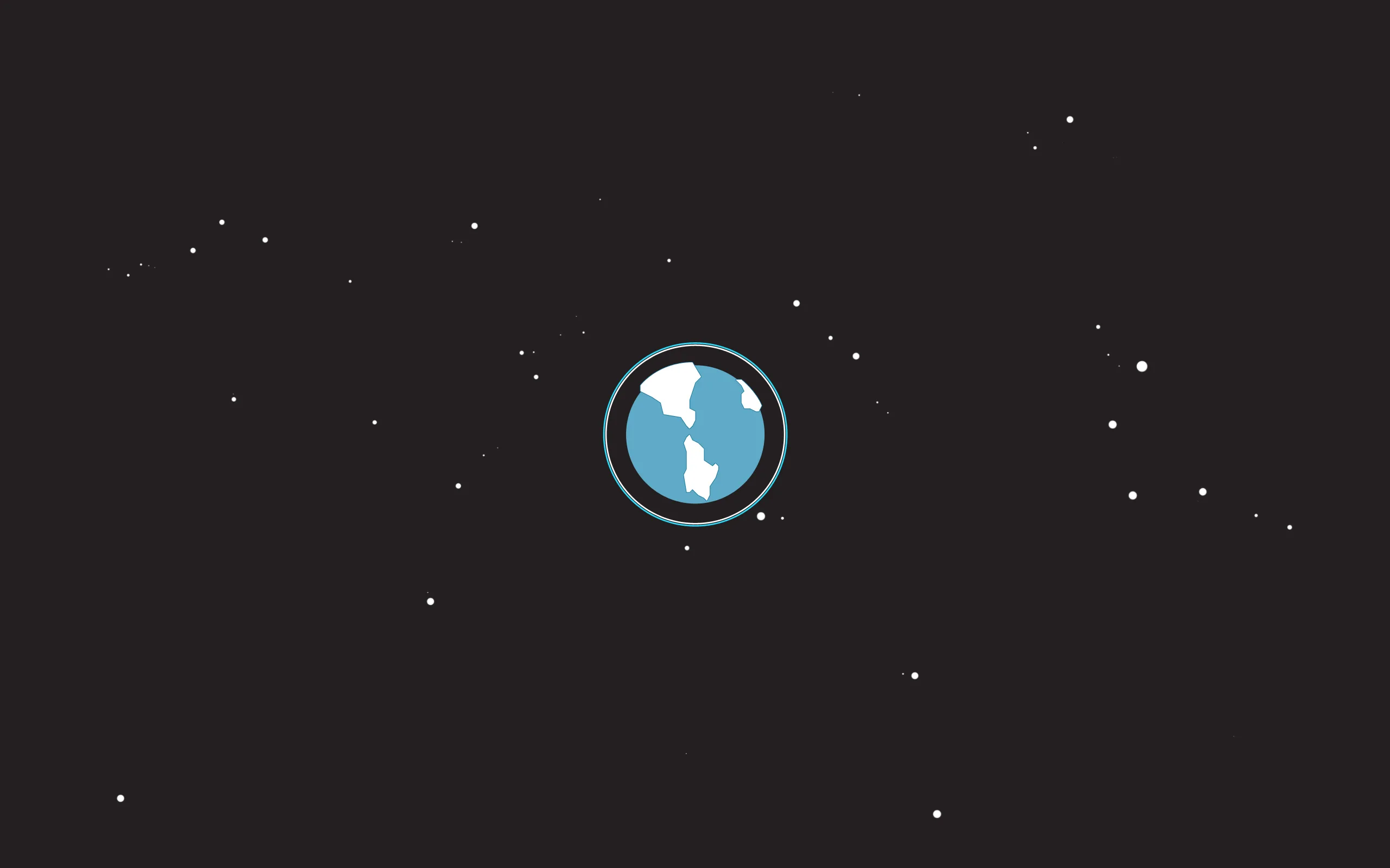 A small flat-illustrated Earth sits alone in the middle of a charcoal sky with scattered white star dots around it.