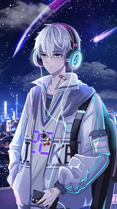 A white-haired anime boy in a graphic jacket stands under shooting stars, the skyline glowing purple and blue behind his shoulder.