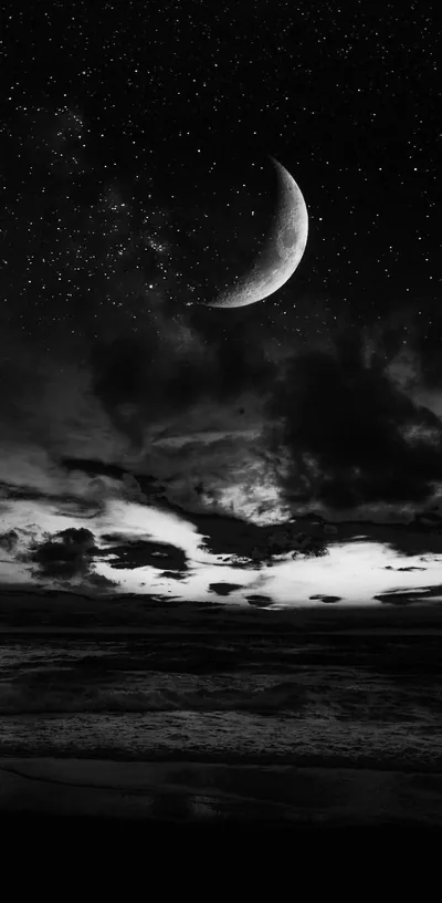 A large crescent hangs in a starred sky above banked clouds and a dim shoreline, the whole scene held in silver monochrome.
