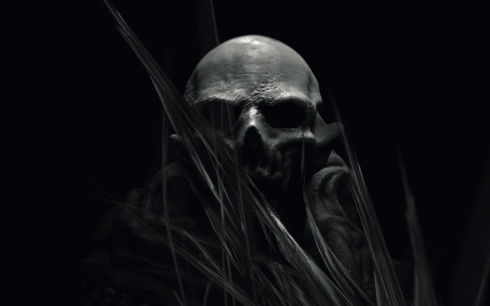 Blades of grass cross in front of a pale skull, the only lit thing in the frame, everything to the left dropping away into flat black.