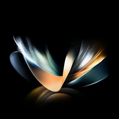 An ivory ribbon loops into a V under chrome edges, lit from within, its dim reflection pooling below; all four corners sit in solid black.