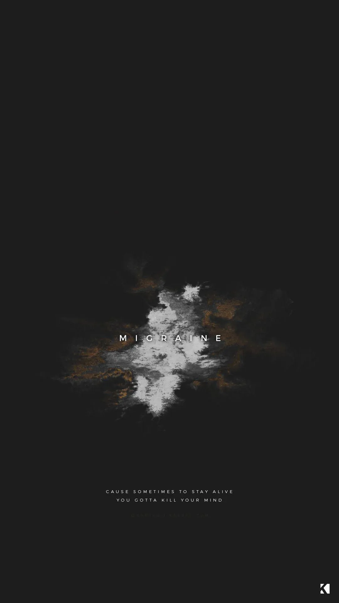 A ragged burst of pale smoke floats mid-frame with a faint rust tint at its edges, two lines of small text set near the bottom.