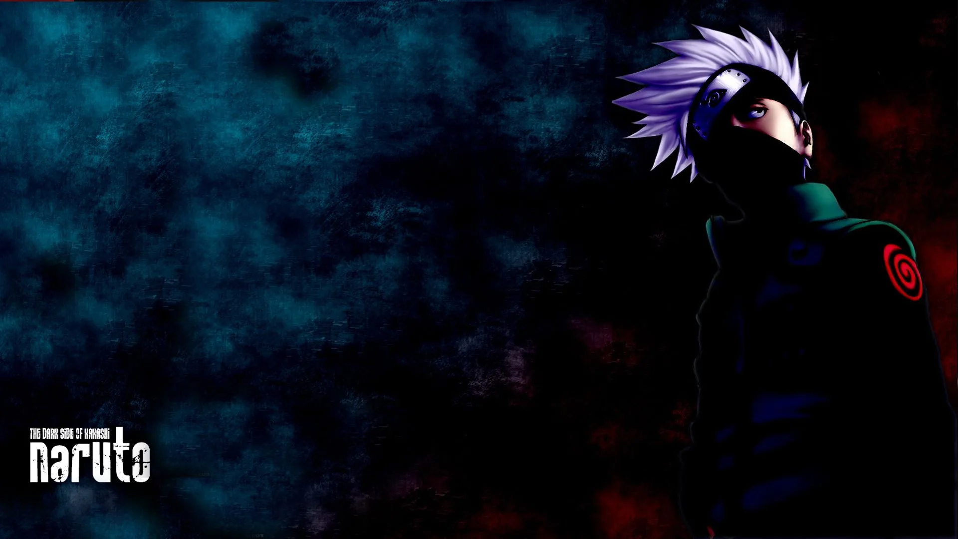 Kakashi's silhouette sits in near darkness, teal light bleeding in from the left and red from the right, the series logo small in the bottom corner.