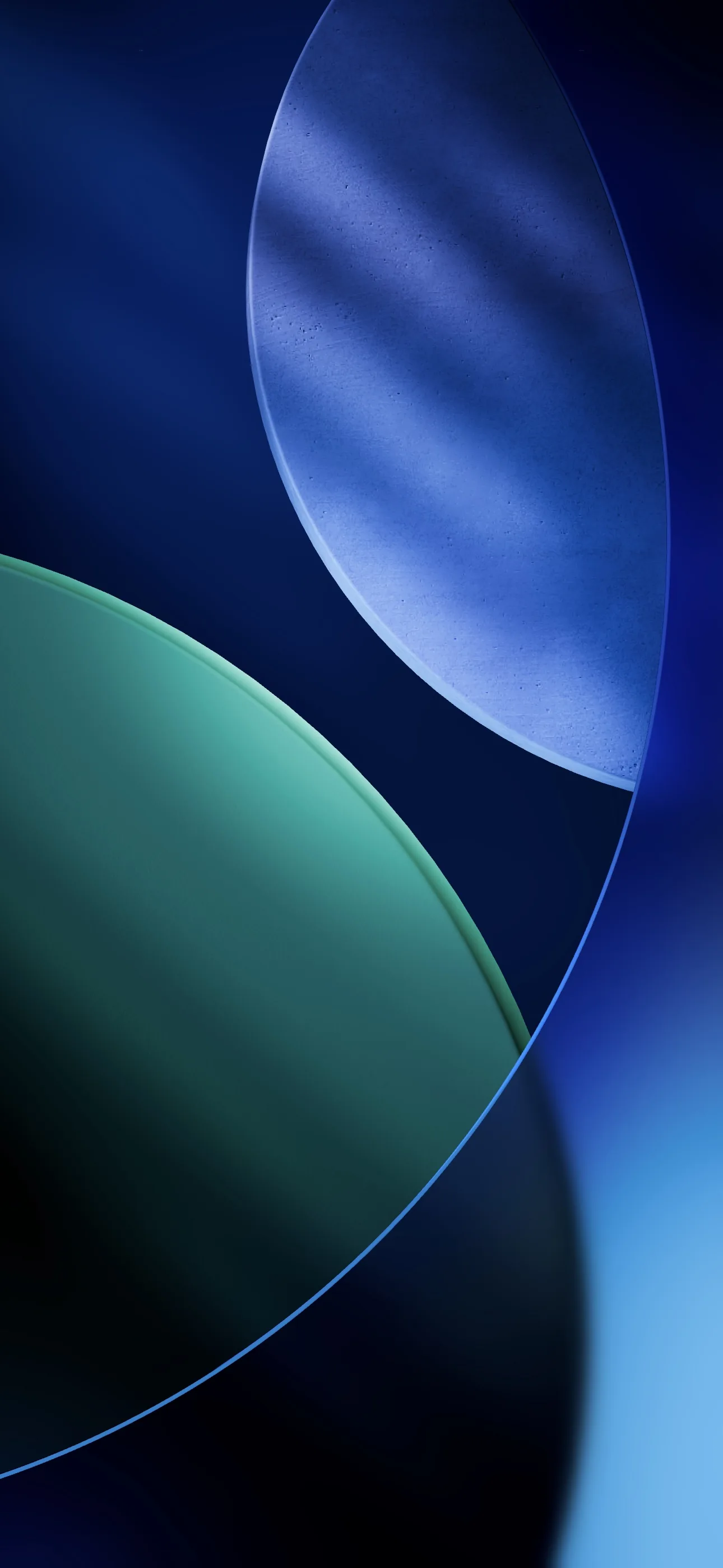 Two large translucent circles, one deep blue and one teal green, cross over a midnight blue background in the iOS 26 stock style.