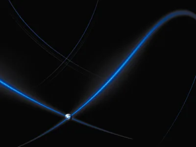 Two long blue arcs cross on the left of the frame, meeting at a small bright point on a black ground.