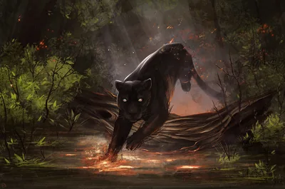 Painted panther mid-stride through shallow water, embers drifting up from the ripples and smoke hanging low in the trees.