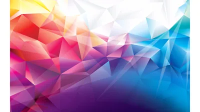 Sharp low-poly facets fade from white along the top into pink, orange, and deep blue below, the calmest flat colour pooling in the bottom-right corner.