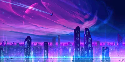 Towers rise from a glowing waterfront under a violet sky streaked with clouds and a distant comet, a single ship crossing above.