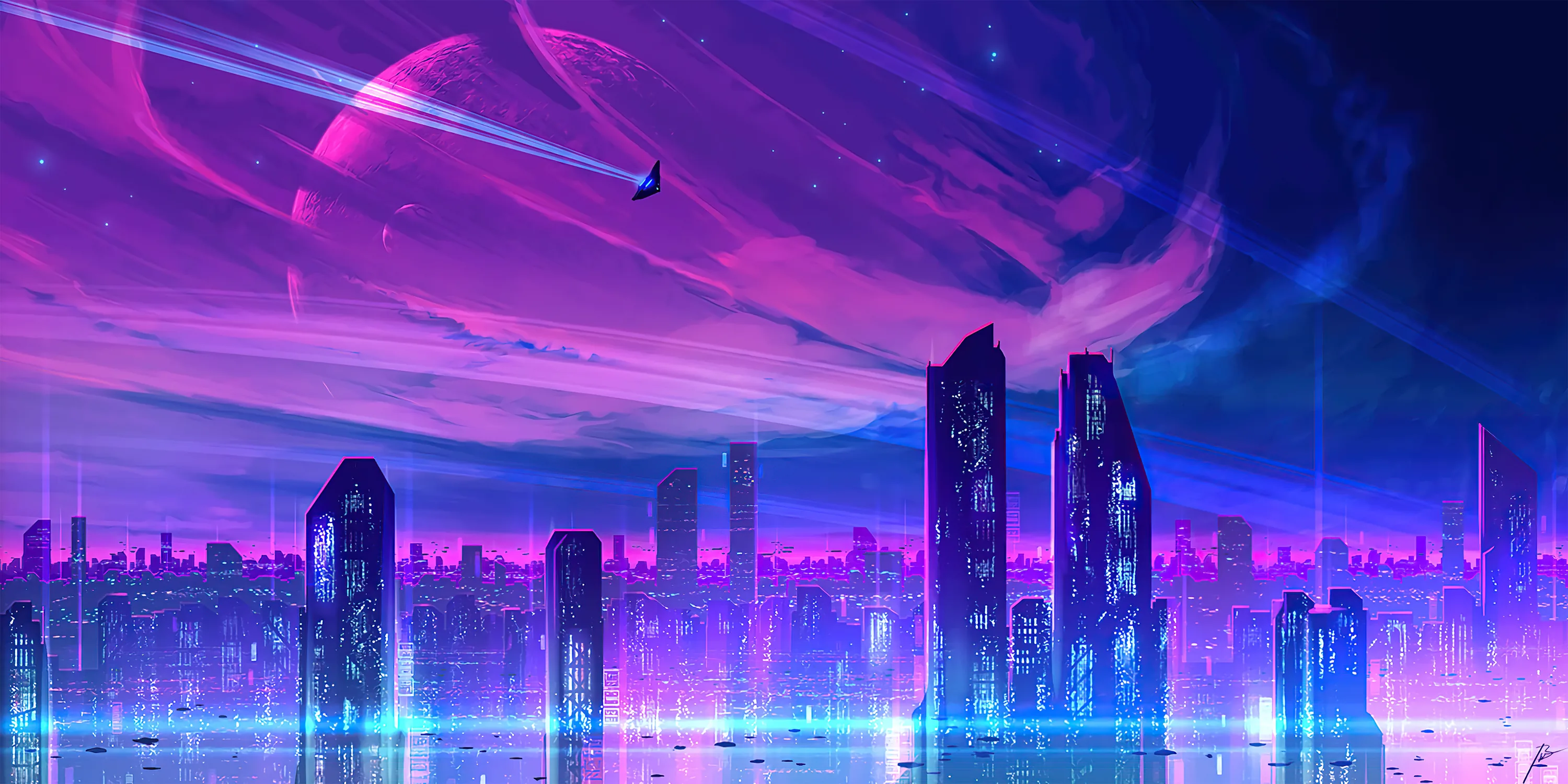 Towers rise from a glowing waterfront under a violet sky streaked with clouds and a distant comet, a single ship crossing above.