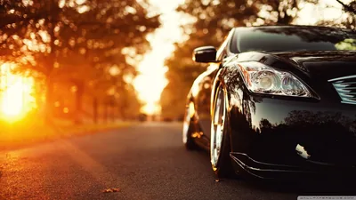 Shot from tarmac level, a black sedan holds the right of the frame while the setting sun burns through the trees on the left.