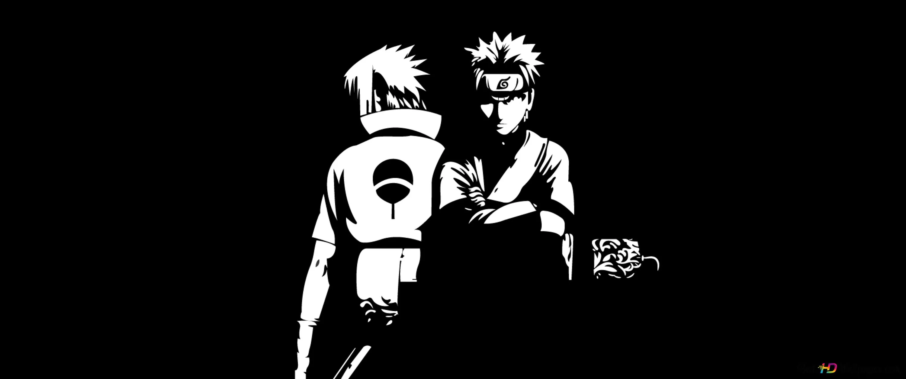 An ultrawide black field with two ninja rendered as flat white cutouts near the centre — one turned away showing the spiral crest, the other facing out.