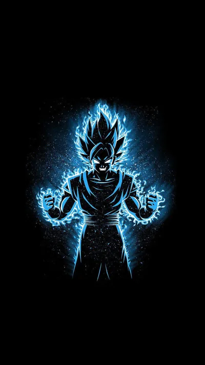 A muscular figure stands with fists clenched, outlined in electric blue energy and flame-shaped hair against a black background.