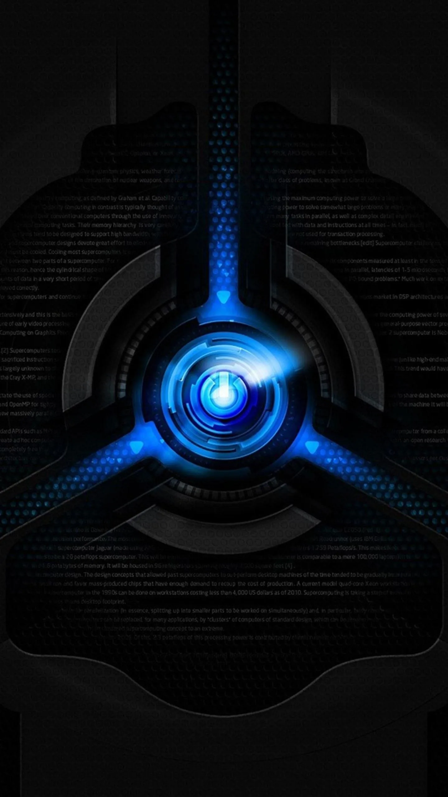 A circular emblem glows blue at the centre of a dark perforated panel, three spokes running out from the lit core.