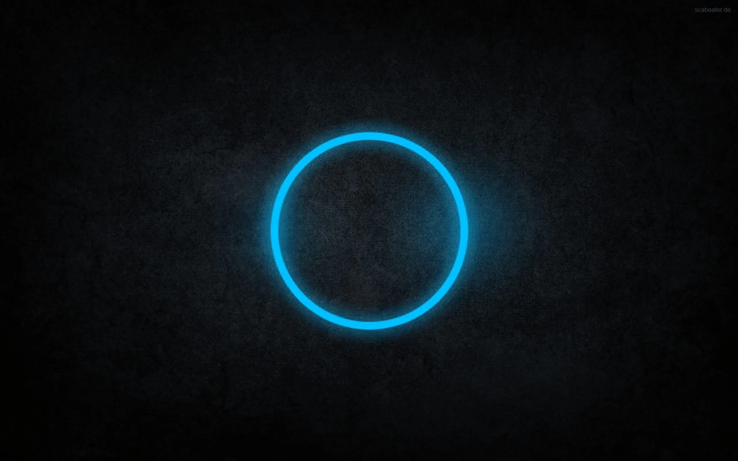 A thin neon blue circle glows at the centre of a scratched dark grey wall, the light falling off quickly into the vignetted corners.