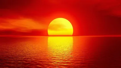 A huge yellow sun drops into a rippled sea in this CGI render, its reflection cutting a bright column through a frame that is otherwise all red.