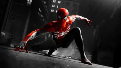 Spider-Man crouches low on wet pavement in a desaturated alley, his red and white suit the only colour in the frame.