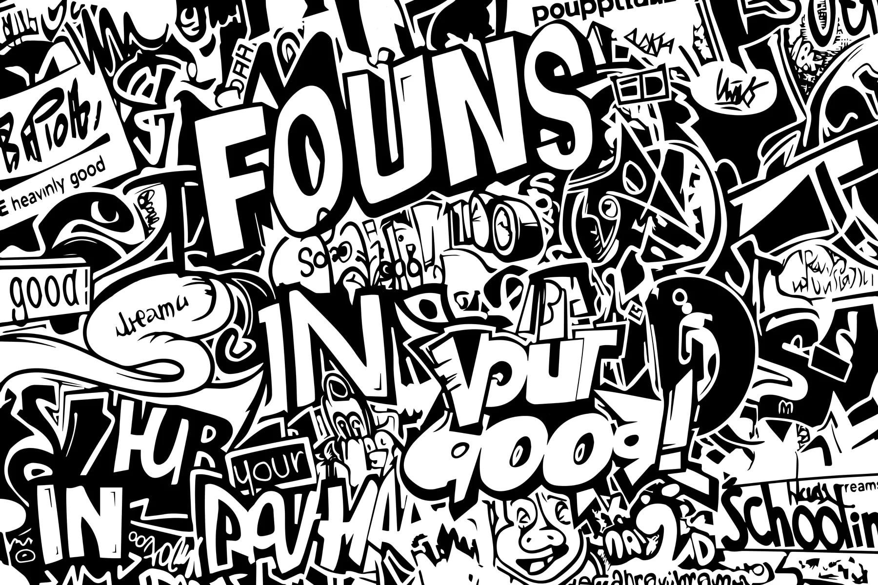 Layered marker tags, cartoon faces and bubble letters cover every inch of the wall in pure black outline on white.