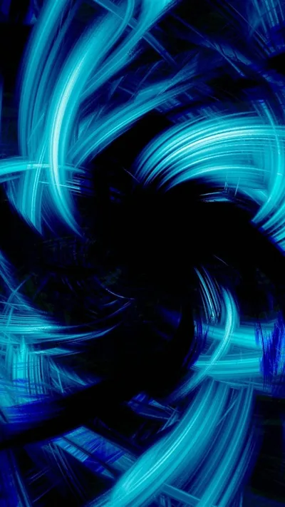 Bright cyan streaks spiral inward toward a dark centre, the strands blurring as they turn so the middle stays black for icons.