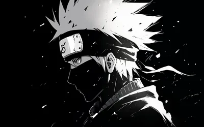 A masked shinobi in profile with a slanted headband, white hair and jacket blown out against black and paint flecks in the air.