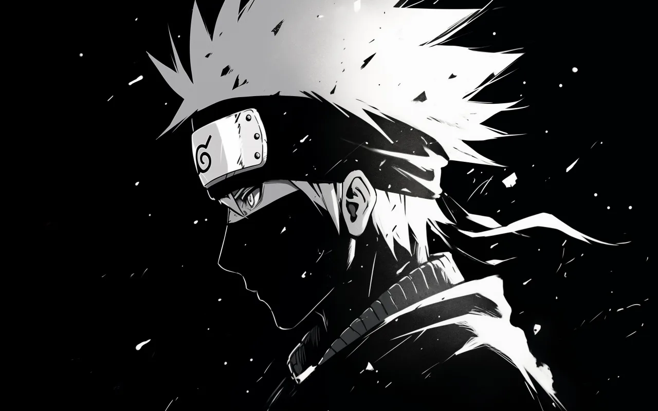 A masked shinobi in profile with a slanted headband, white hair and jacket blown out against black and paint flecks in the air.