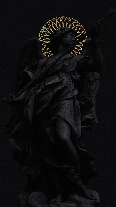 A black stone angel holds a spear, a gilded halo the only bright element in an otherwise black frame.