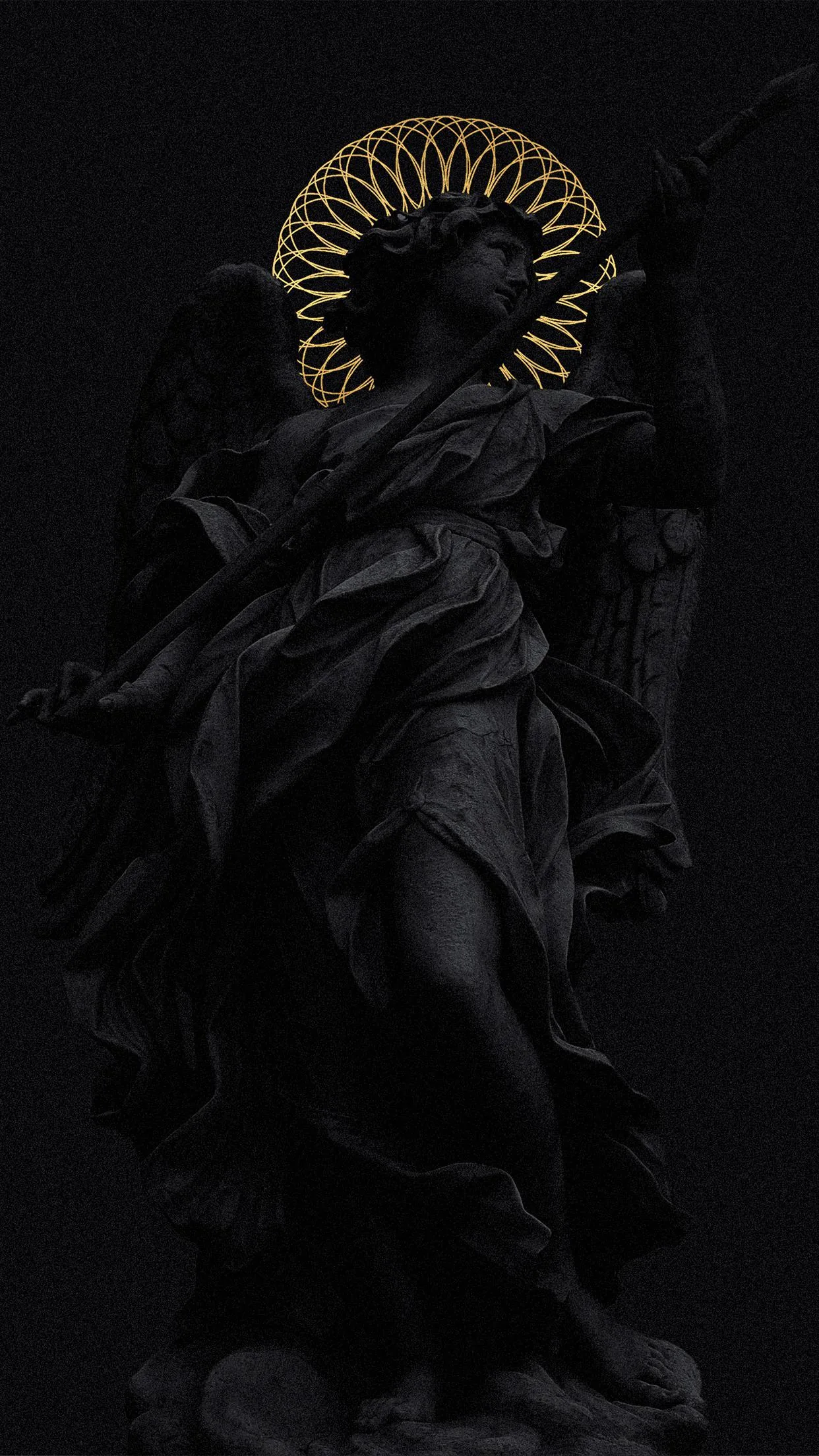 A black stone angel holds a spear, a gilded halo the only bright element in an otherwise black frame.