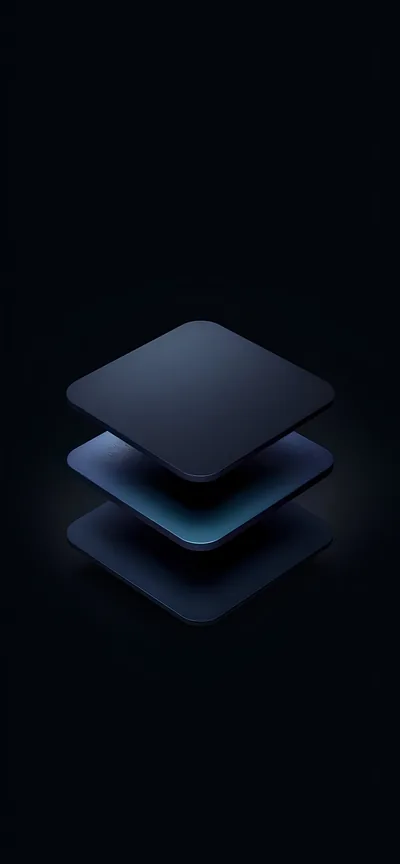 Two rounded square plates float one above the other in a near-black room, a soft blue light escaping from the gap between them.