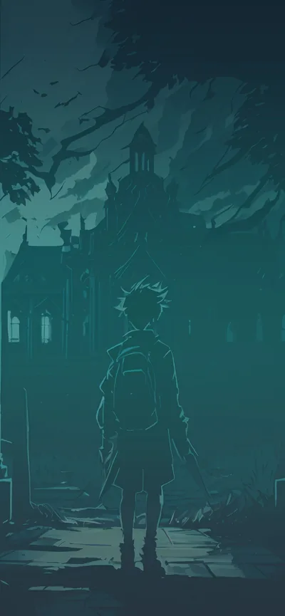A tall vertical scene in teal and green fog: a small figure with a satchel stands on a broken path looking up at a spired house.