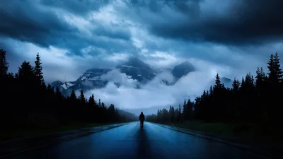 Low cloud pours off the mountains ahead of a man stopped mid-highway, pine silhouettes walling both sides so the corners of the frame stay dark.