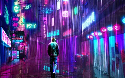 A lone figure walks down a wet alley lined with glowing signs, the rain streaking magenta and cyan reflections down the whole frame.